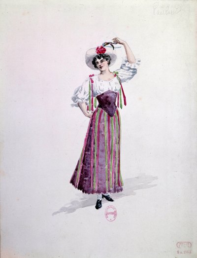 Kostium młodej kobiety (Nedda czy Colombine?) do opery „Paillasse” (de pagliacci, klauni) Ruggero Leoncavallo (1857-1919) z 1892 roku. Akwarela Charlesa Bianchiniego (1860-1905) autorstwa Charles Bianchini