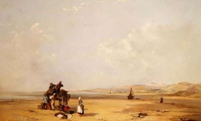 Rybacy rozładowujący swój połów na plaży w Cardigan Bay autorstwa Charles Branwhite