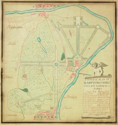 Ogólny plan ogrodów i parków pałacowych Hampton Court, ok. 1713 r. (pióro i atrament oraz toaleta na papierze) autorstwa Charles Bridgeman