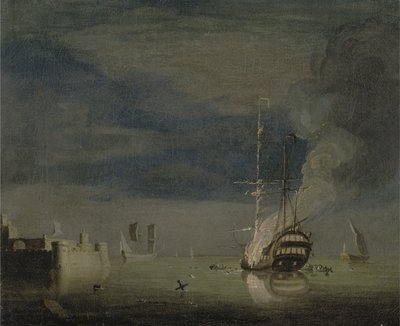 Dwupoziomowy w ogniu nocą z fortu, ok. 1740 (olej na płótnie) autorstwa Charles Brooking
