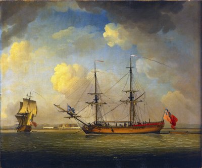 Statek "Naval Snow", brytyjski statek z dwoma masztami, używany do transportu zaopatrzenia dla Królewskiej Marynarki Wojennej, na horyzoncie, Fort Tilbury, na Tamizie, Anglia autorstwa Charles Brooking