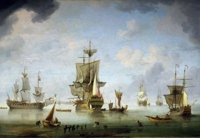 Kotwicowisko na Solent, odcinku morza między wyspą Wight a Anglią. Olej na płótnie autorstwa Charles Brooking