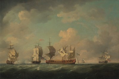 Zdobycie francuskich statków skarbowych Marquis dAntin i Louis Erasmé, w latach 1745-1755 autorstwa Charles Brooking