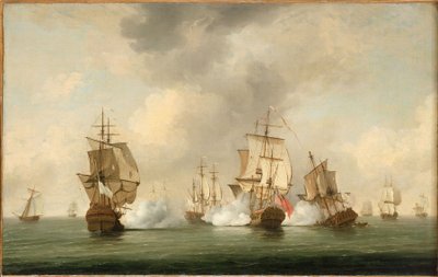 Akcja komodora Walkera: Korsarz "Boscawen" atakujący flotę francuskich okrętów, 23 maja 1745 r. autorstwa Charles Brooking