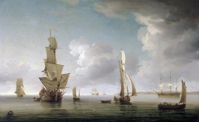 Żegluga w ujściu Tamizy (Anglia), duża różnorodność łodzi i opis angielskiego wybrzeża. Olej na płótnie autorstwa Charles Brooking