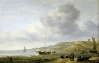 Scena na brzegu w pobliżu Scheveningen (Holandia). Olej na płótnie autorstwa Charles Brooking