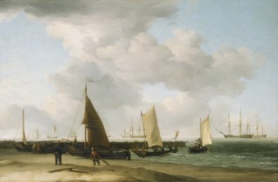 Scena na brzegu z budynkiem wojennym na horyzoncie. Olej na płótnie autorstwa Charles Brooking
