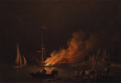 Statek w ogniu nocą, ok. 1756 autorstwa Charles Brooking