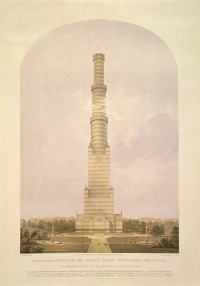 Projekt przekształcenia Crystal Palace w wieżę o wysokości 1000 stóp, pub. Ackermann und Co., 1852 autorstwa Charles Burton