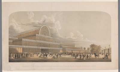 Gezicht op het Crystal Palace Transept (widok zewnętrzny) pałacu przemysłowego, od strony Bramy Księcia Walii (tytuł na obiekcie) autorstwa Charles Burton