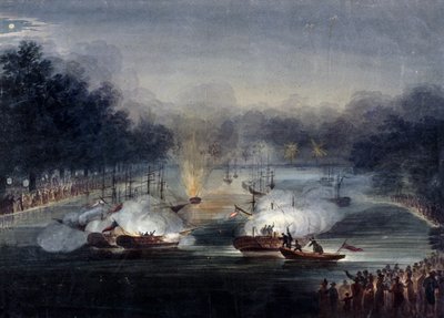 Widok fikcyjnej walki na Serpentine, Hyde Park, Londyn, 1814 autorstwa Charles Calvert