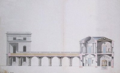 Przekrój pawilonu agatowego i wiszącego ogrodu w Carskim Siole, ok. 1780 (pióro i atrament z wc na papierze) autorstwa Charles Cameron