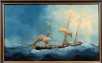 Żaglówka z trzema matami w locie Obraz Charlesa Cheri Dubreuila (Cheri-Dubreuil) (1828-1880) 1865 - Fecamp. Musee Des Terre Neuvas - Uciekający trójmasztowiec. Obraz Charlesa Dubreuila (XIX wiek) autorstwa Charles Cheri Dubreuil