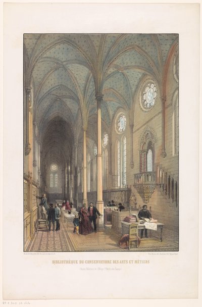 Wnętrze Biblioteki Konserwatorium Rzemiosł Artystycznych Biblioteka Konserwatorium Rzemiosła Artystycznego (dawny refektarz opactwa St Martin des Champs) (tytuł na obiekcie) autorstwa Charles Claude Bachelier