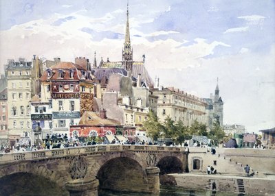 Paryż przy Pont Saint-Michel", akwarela. Charles Claude Pyne (1802-1878), angielski pejzażysta i malarz rodzajowy. W tle Sainte-Chapelle i Pałac Sprawiedliwości. Most na Sekwanie Paryż Francja autorstwa Charles Claude Pyne