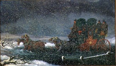 Dyliżans fordujący strumień w śnieżycy (olej na płótnie) autorstwa Charles Cooper Henderson