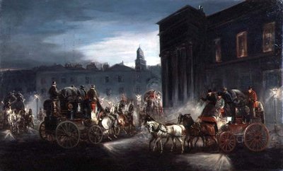 Edynburg Mail Coach i inne autokary na ulicy Lamplit (olej) autorstwa Charles Cooper Henderson