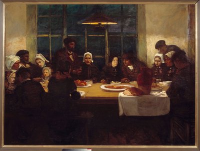 Pożegnalny posiłek w nadmorskiej krainie bretońskiej rodziny zebrał się wokół stołu. Centralny panel tryptyku autorstwa Charlesa Cotteta (1863-1924). 1898 niedz. 1,76x2,37 m Paryż, musee d