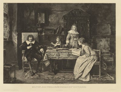 Milton, siedząc w fotelu, dyktuje swój raj utracony jednej z jego córek. W den r.r.h.Munkacsy w 1878 r. Na marginesie: Ch. Courty d