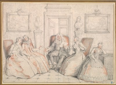 Trissotin czyta Filaminte, Bélise i Armande (z aktu 3, scena 2 "Les Femmes Savantes" Moliera autorstwa Charles Coypel