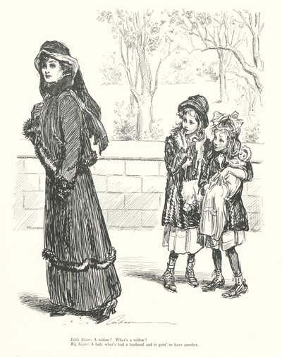 Młodsza siostra: Wdowa Co to jest wdowa Starsza siostra: Dama, która miała męża i zamierza mieć kolejnego (litera). autorstwa Charles Dana Gibson
