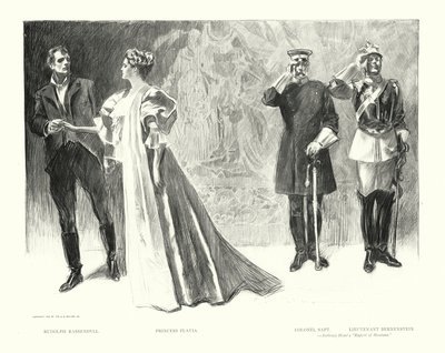 Rudolph Rassendyll, księżniczka Flavia, pułkownik Sapt, porucznik Bernenstein (litografia) autorstwa Charles Dana Gibson