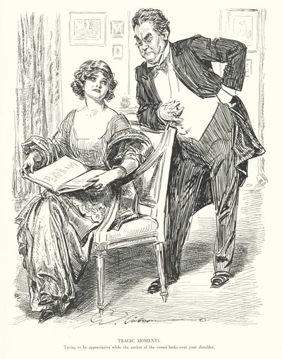 Tragiczne chwile, próba bycia wdzięcznym, gdy autor wersów patrzy ci przez ramię (litografia) autorstwa Charles Dana Gibson
