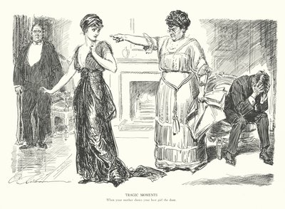 Tragiczne chwile, kiedy twoja matka pokazuje twojej najlepszej dziewczynie drzwi (litografia) autorstwa Charles Dana Gibson