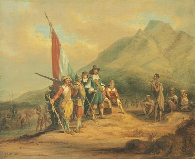Przybycie Jana van Riebeecka i jego ludzi na Przylądek Dobrej Nadziei w kwietniu 1652 r. autorstwa Charles Davidson Bell
