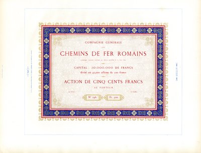 Świadectwo udziałowe "Roman Railways" (druk) autorstwa Charles Derriey
