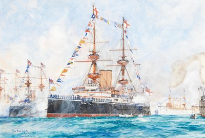 HMS Majestic na przeglądzie floty z okazji diamentowego jubileuszu w 1897 r. w Spithead autorstwa Charles Dixon