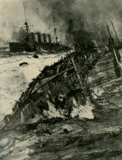 Zatonięcie HMS Aboukir, I wojna światowa, 22 września 1914, ok.1920. autorstwa Charles Dixon
