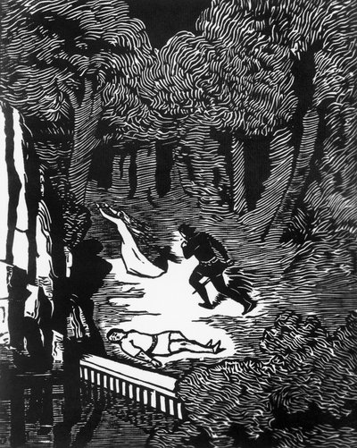Drzeworyt Charles Doudelet (1861-1938) dla Pelleas i Melisande Maurice Maeterlinck (1862-1949), wydany przez Claudio Argentieri, Spoleto, Włochy autorstwa Charles Doudelet