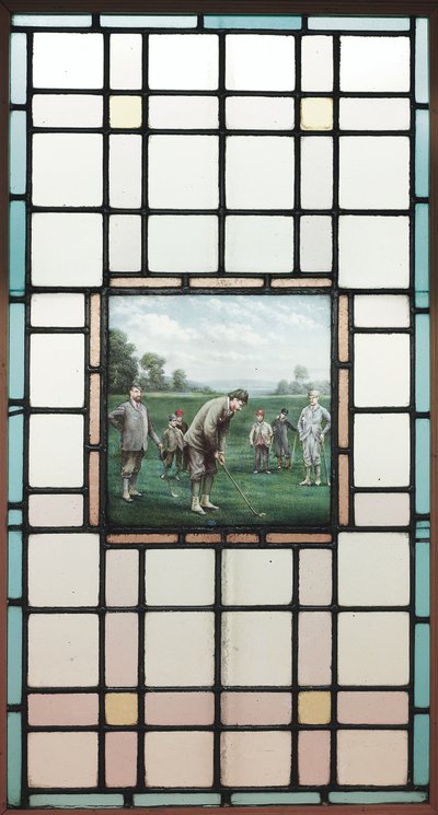 Późno-wiktoriańskie okno ze szkła ołowiowego z golfistami, ok. godz. 1890 autorstwa Charles Edmund Brock