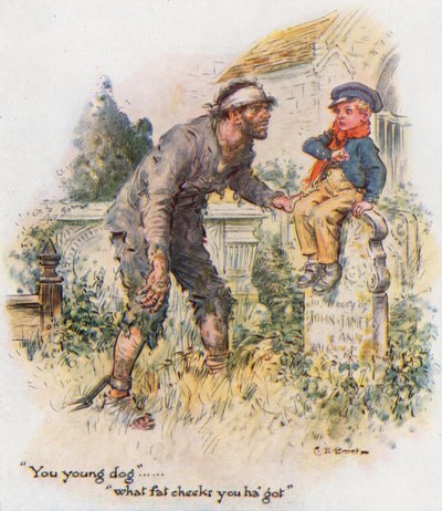 Wielkie Oczekiwania, Pip spotyka skazańca na cmentarzu. autorstwa Charles Edmund Brock