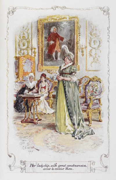 Jej jaśnie pani z wielką protekcjonalnością wstała, aby je przyjąć, ilustracja z „Duma i uprzedzenie” Jane Austen (kolor lito) autorstwa Charles Edmund Brock