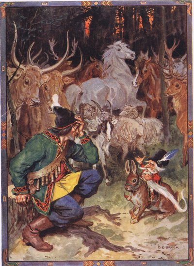 Hej! Dobry człowieku, wiem, co cię trapi, scena z Orła Sur w Opowieściach dla dzieci z rumuńskich legend Mojżesza Gastera (1856-1939) 1921 autorstwa Charles Edmund Brock