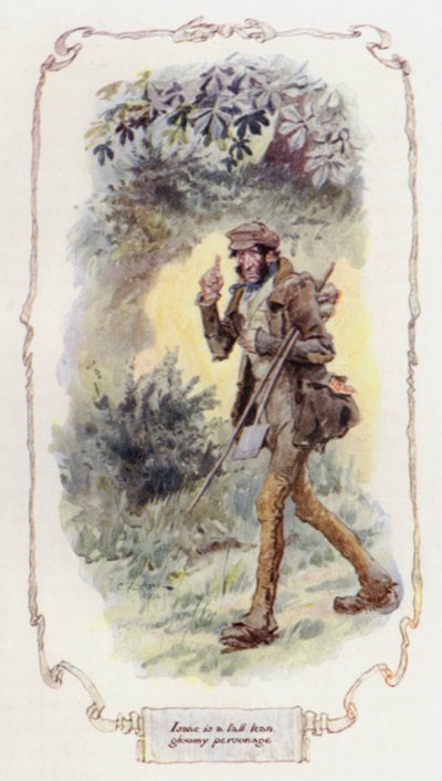 Izaak jest wysoką, szczupłą, ponurą postacią (litografia kolorowa) autorstwa Charles Edmund Brock