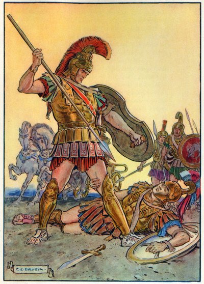 Śmierć Hectora, z „Godziny dla dzieci: Historie z klasyki”, wydanej przez Waverley Book Company autorstwa Charles Edmund Brock