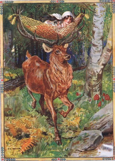 Jeleń z jedwabnym hamakiem z Opowieści dla dzieci z rumuńskich legend Mojżesza Gastera (1856-1939) 1921 autorstwa Charles Edmund Brock