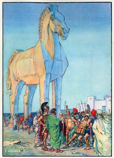 Koń trojański, z „Godziny dla dzieci: Historie z klasyki”, wydanej przez Waverley Book Company autorstwa Charles Edmund Brock