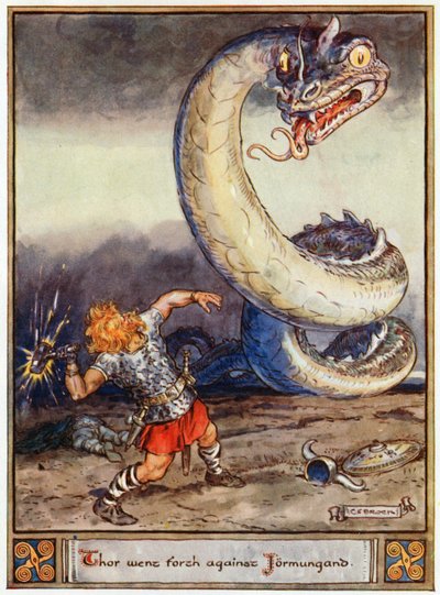 „Thor wyruszył przeciwko Jormungandowi”, ilustracja z „Bohaterów Asgardu, opowieści z mitologii skandynawskiej”, autorstwa A und E Keary, 1930 autorstwa Charles Edmund Brock