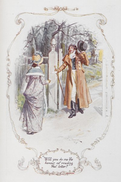 „Czy zrobisz mi zaszczyt przeczytania tego listu?”, ilustracja do „Duma i uprzedzenie” Jane Austen autorstwa Charles Edmund Brock