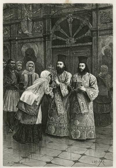 Pritres całujący święte obrazy, rycina Ch.Delort, ilustrująca podróż Henri Belle do Grecji w latach 1861,1868 i 1874, opublikowana w tour du monde, pod kierunkiem Edouarda Chartona autorstwa Charles Edouard Delort