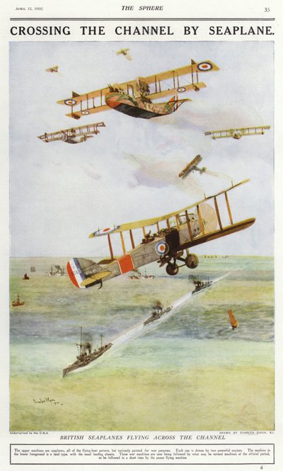 Brytyjskie wodnosamoloty przelatujące przez kanał La Manche (kolor lito) autorstwa Charles Edward (after) Dixon