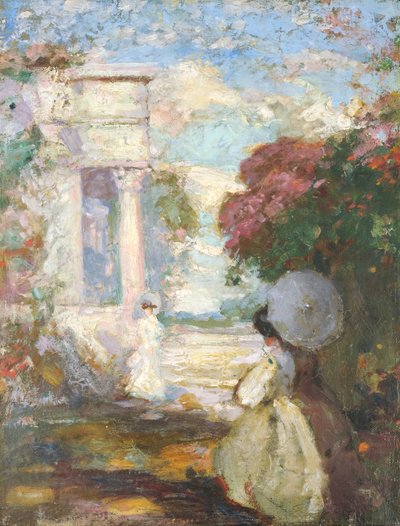 Pejzaż liryczny z dwiema postaciami w dziewiętnastowiecznej sukience, 1890-1900 autorstwa Charles Edward Conder