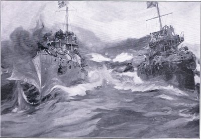 Walka między niszczycielami, ilustracja z Cassells History of the rosyjsko-japońskiej wojny t. 1, ok. 1900 autorstwa Charles Edward Dixon