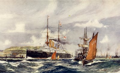 HMS Groźny w Plymouth Sound autorstwa Charles Edward Dixon