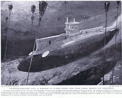 Komandor porucznik Boyle odznaczony VC za unikanie tureckich min w swojej łodzi podwodnej podczas przechodzenia przez Dardanele 1915 autorstwa Charles Edward Dixon