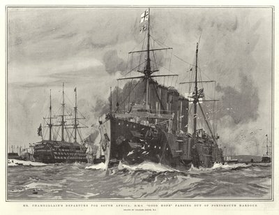Wyjazd pana Chamberlaina do Republiki Południowej Afryki, HMS Good Hope wychodzący z Portsmouth Harbor autorstwa Charles Edward Dixon